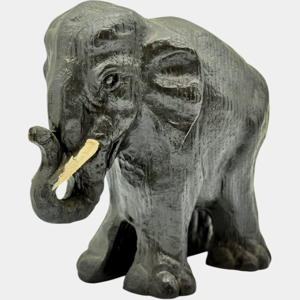 Vintage Elephant Figurine Statue Decor Wood Carved Animal Sculpture